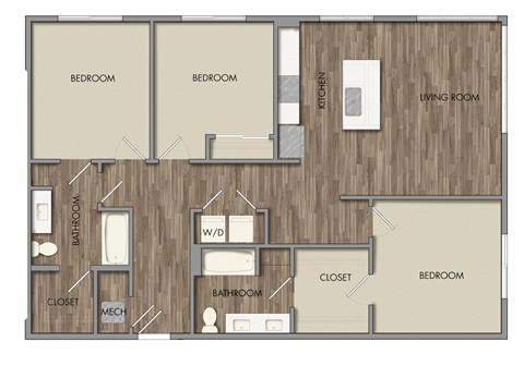 Floor plan for 3 beds, 2 baths, 1330 sqft